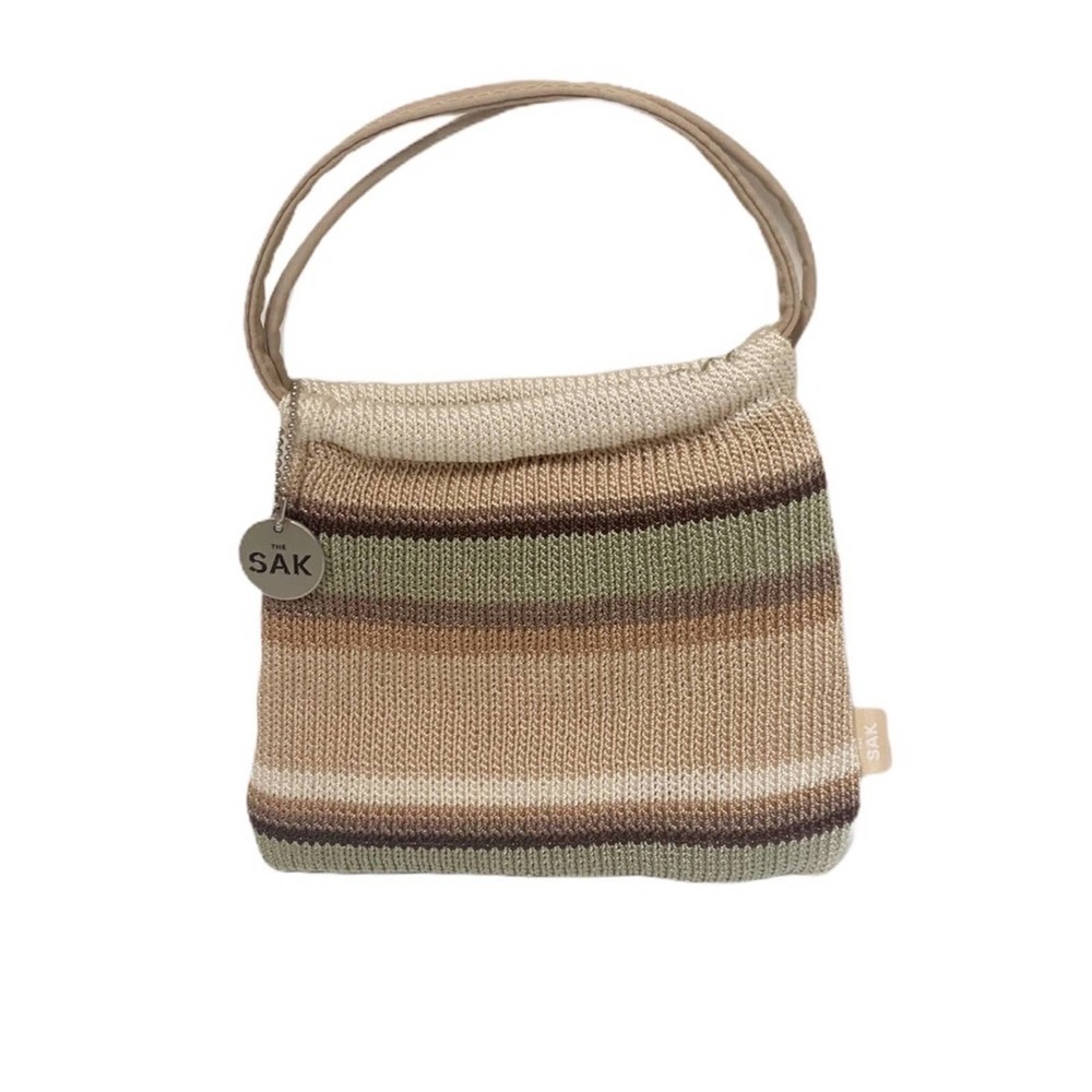 The SAK Boho crochet woven mini bag tan green